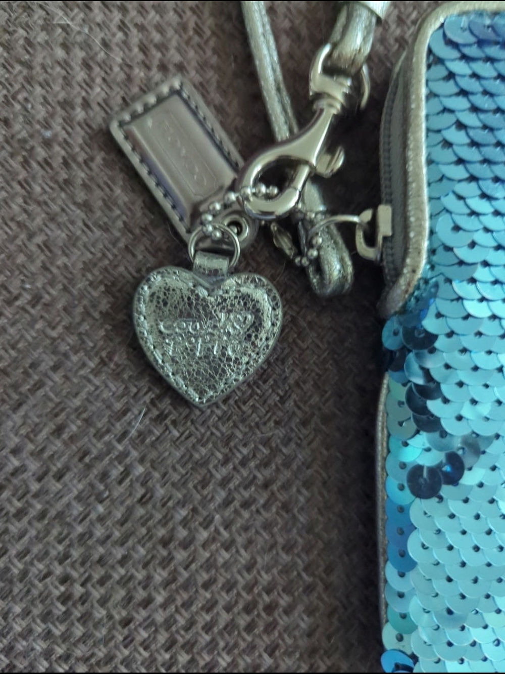 Coach Blue Sequin Wristlet Phone Pouch with Heart Charm - Picture 2 of 2